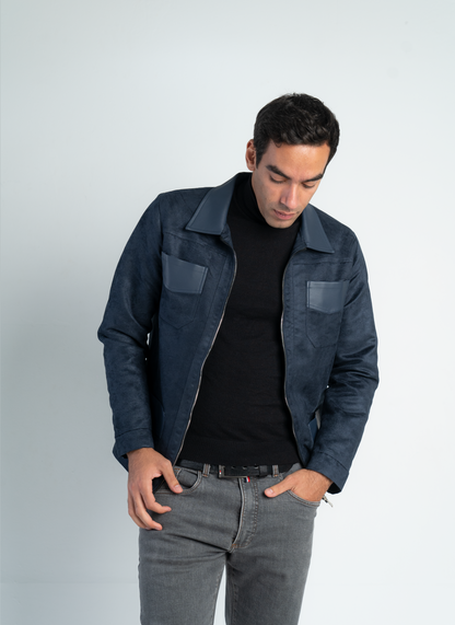 Blue Suede jacket with leather collar