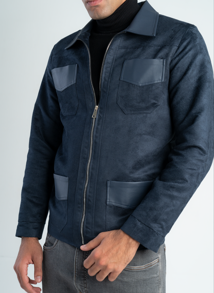 Blue Suede jacket with leather collar