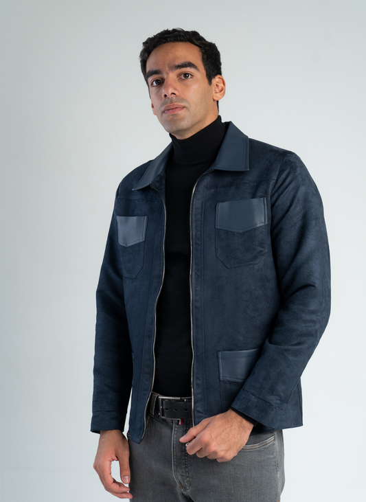 Blue Suede jacket with leather collar